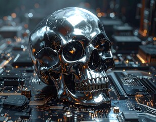 Fototapeta premium Metallic skull sits on a computer motherboard, lit by lights