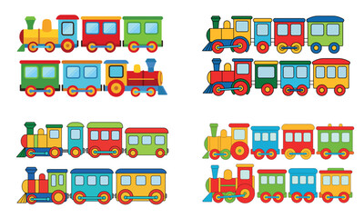 Obraz premium Colorful toy train illustration set with vintage locomotive and wagons 