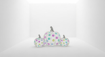 Tiny person on a large polka dot pumpkin