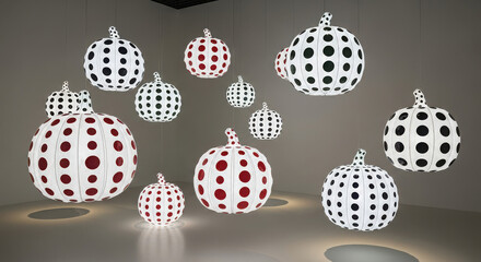 Illuminated polka dot pumpkins create festive autumn display