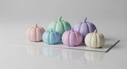 Pastel pumpkins displayed on a white tray