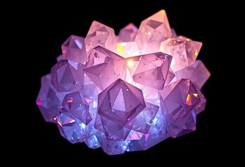 Geometric crystal cluster glowing from within, intricate facets catching light,  cluster,  design