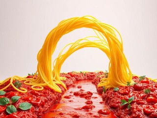 Giant spaghetti noodle archway over a river of tomato sauce, a playful and edible bridge connecting culinary worlds,  surreal,  food fantasy