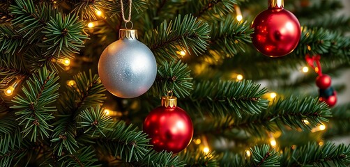 Glistening ornaments on a decorated evergreen tree, a symbol of tradition,  sparkling,  decoration