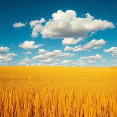 Golden fields under a vast blue sky with scattered fluffy clouds,  rural,  bright