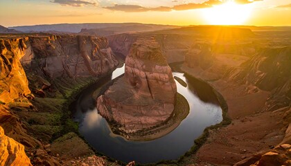 A horseshoe bend in a canyon bathed in golden sunset light, reflecting on the river