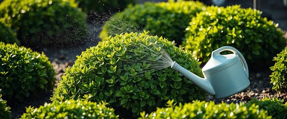 Green shrub watered by sprinkling can in stark landscape ,  inspiration,  health