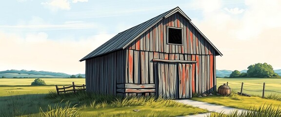 Hand-drawn charm of a weathered barn in a gentle landscape ,  rural,  country