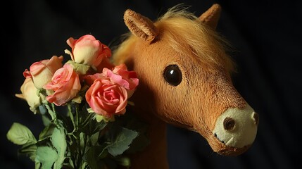 Stuffed horse holding a mini bouquet of roses
