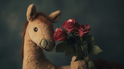Stuffed horse holding a mini bouquet of roses