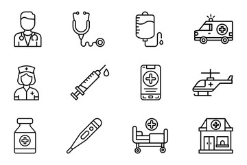 Doctor profession icon set on white background. Symbol of doctor, nurse, injection, syringe, stethoscope, hospital bed, ambulance, hospital. Medical outline. Set vector line icons medical equipment