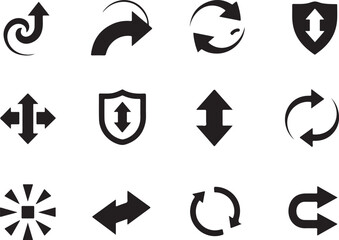Set of 12 Black Arrow Icons Silhouette Collection Showing Various Directions on White Background