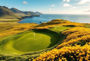Incredible golf hole in the Scottish Highlands, Inverness Ocean backdrop, vivid yellow gorse blooming along the coast in spring,  green,  coast