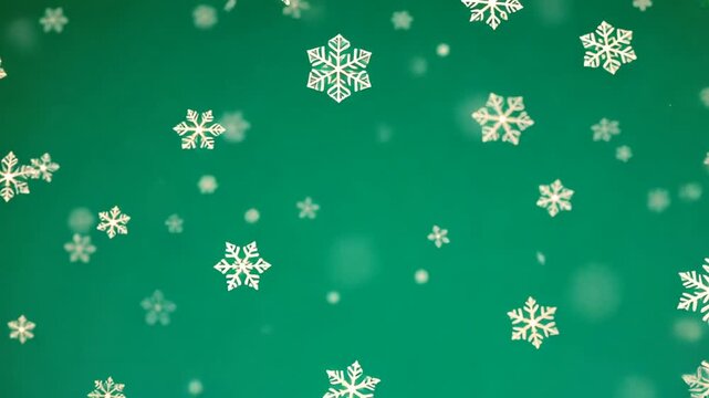 Falling silver snowflakes and bokeh lights on a festive green background winter Christmas Motion Background HD 4K Seamless Loop Footage video