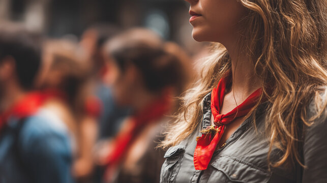 Woman wearing red scarf during Dia de San Sebastian street celebration in Spain