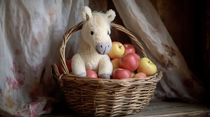 Stuffed horse in a basket of toy apples