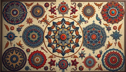Intricate designs showcasing various symbols like geometric patterns, celestial motifs, and nature elements, reflecting diverse cultural meanings,  design,  symbol