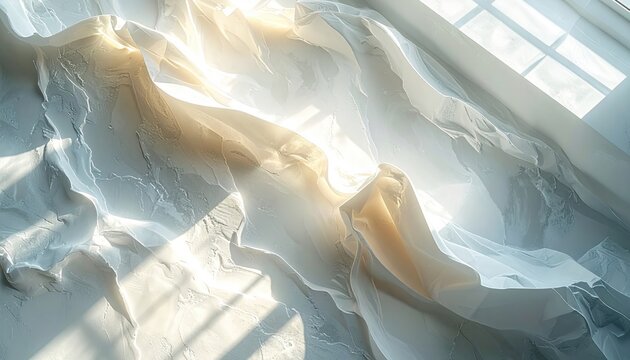 Abstract flowing textures with dappled sunlight creating a serene and ethereal atmosphere with soft natural light highlighting the delicate details and elegant forms in a tranquil indoor setting