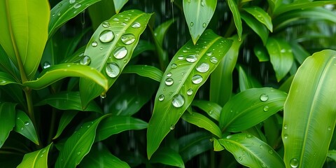 Lush green foliage glistening with fresh raindrops after a tropical downpour, a vibrant scene of natural renewal and growth,  tropical,  trees