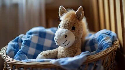 Stuffed horse in a cozy toy cradle