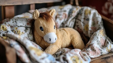 Stuffed horse in a cozy toy cradle