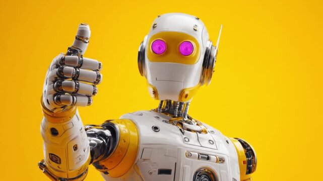 A white humanoid robot gives a confident thumbs-up against a vivid yellow backdrop, smiling. today!!