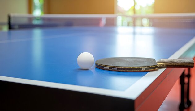 Close up of White Ping Pong Ball and Paddle on Blue Table Tennis Surface Indoors