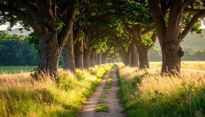 A dirt path winds through an arched canopy of mature trees on a sunny day with golden light illuminating the tall grass and distant rolling hills