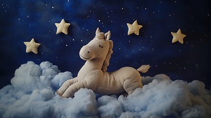Stuffed horse in a whimsical night sky scene