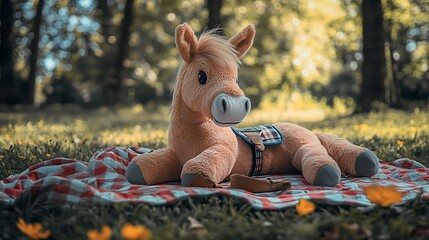 Stuffed horse lying on a picnic blanket