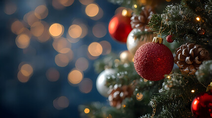 Close-up of a decorated Christmas tree with red and silver ornaments, pine cones, and blurred bokeh lights in the background.
