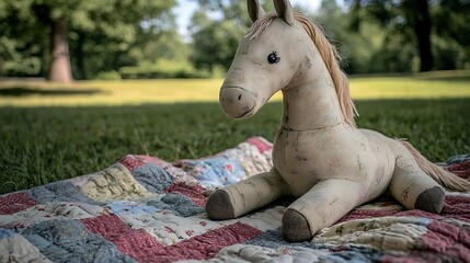 Stuffed horse on a patchwork picnic blanket