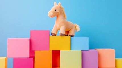 Stuffed horse on a stack of colorful blocks