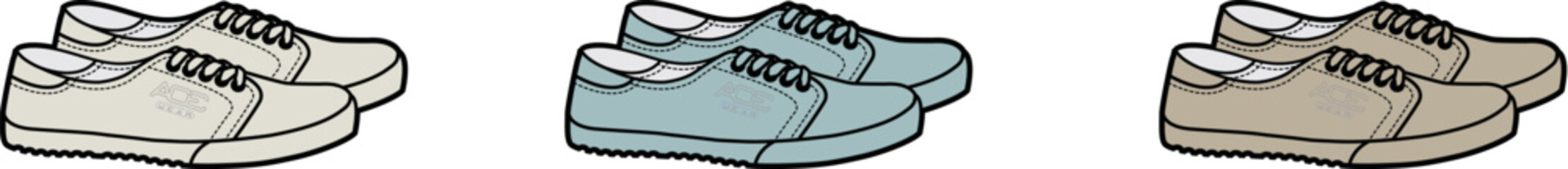 Casual footwear variety, showcasing multi-colored lace-up shoes in cream, blue, and beige, ideal for comfortable everyday style