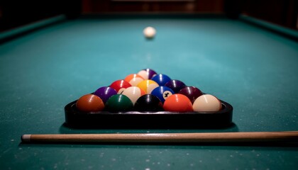 Racked Pool Balls with Cue Stick on Green Felt Table Ready for Break Shot