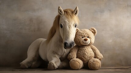 Stuffed horse sitting beside a teddy bear
