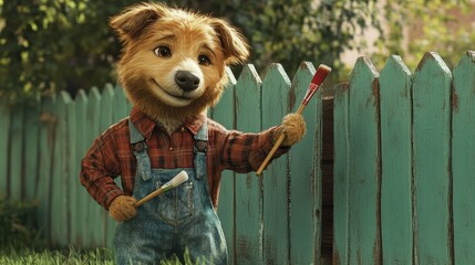 Dog painting fence cartoon character animal anthropomorphic overalls shirt brushes cute art