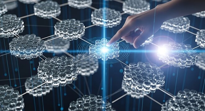 Finger touching a glowing node in a network of interconnected hexagonal shapes representing connection technology and data transfer