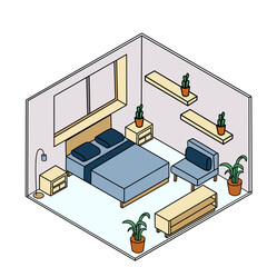 A cozy, modern bedroom featuring a large bed, a comfortable sofa, wooden shelves, nightstand, and several potted plants. Clean lines and soft colors create a calm, inviting living space.