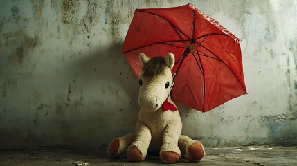 Stuffed horse sitting under a tiny umbrella