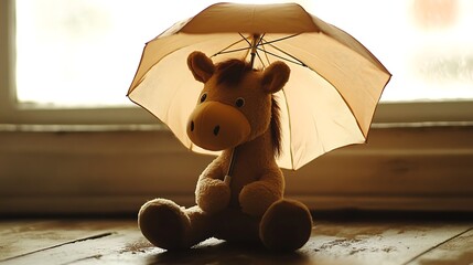 Stuffed horse sitting under a tiny umbrella