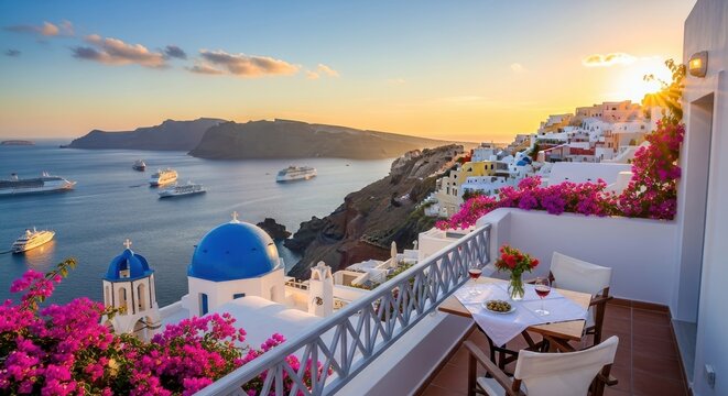 Santorini Serenity: Romantic Balcony View at Sunset with Aegean Sea Panorama - Powered by Adobe