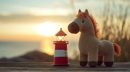Stuffed horse standing beside a toy lighthouse
