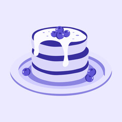 Stack of blueberry pancakes with cream topping in a cute purple breakfast design.