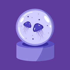 Crystal ball with floating jellyfish inside in mystical underwater theme illustration.