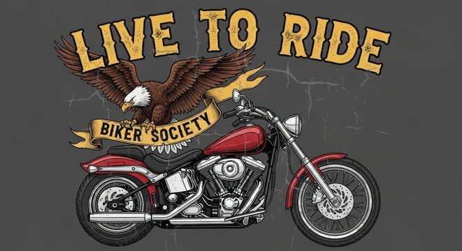 Vintage motorcycle illustration with bald eagle, banner and text, embodying freedom and rebellious