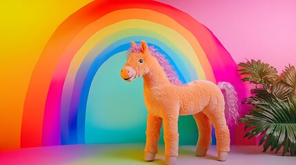Stuffed horse standing by a rainbow arch