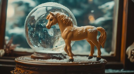 Stuffed horse standing in a toy snow globe