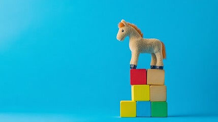 Stuffed horse standing on a toy block tower