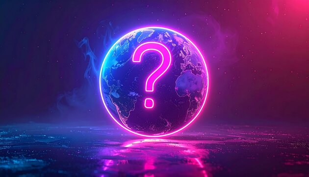 A neon-lit globe with a glowing pink question mark on a reflective surface, against a cosmic, smoky backdrop